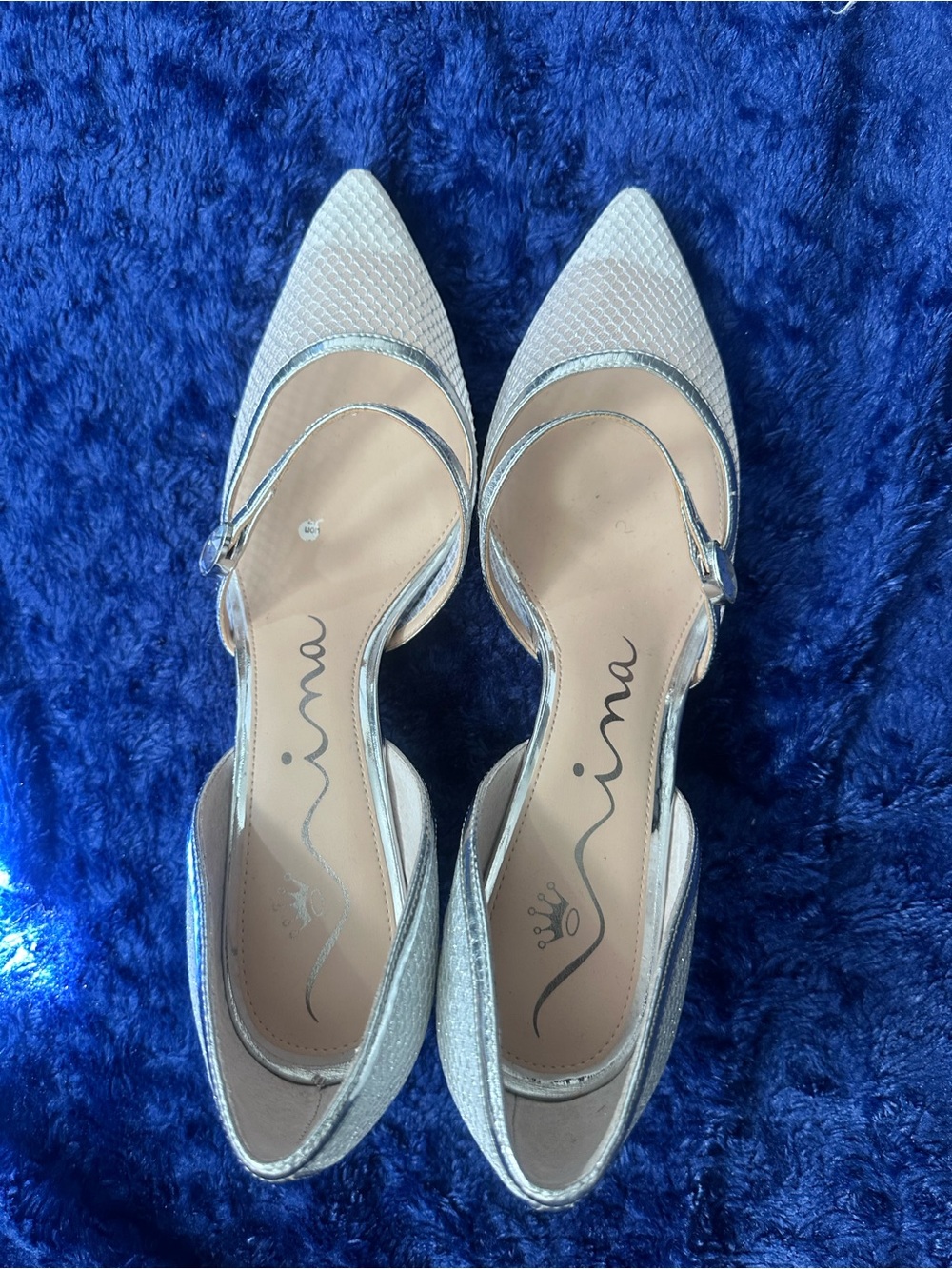 Nina Silver Pointed-Toe mid heel Heels with Ankle Strap